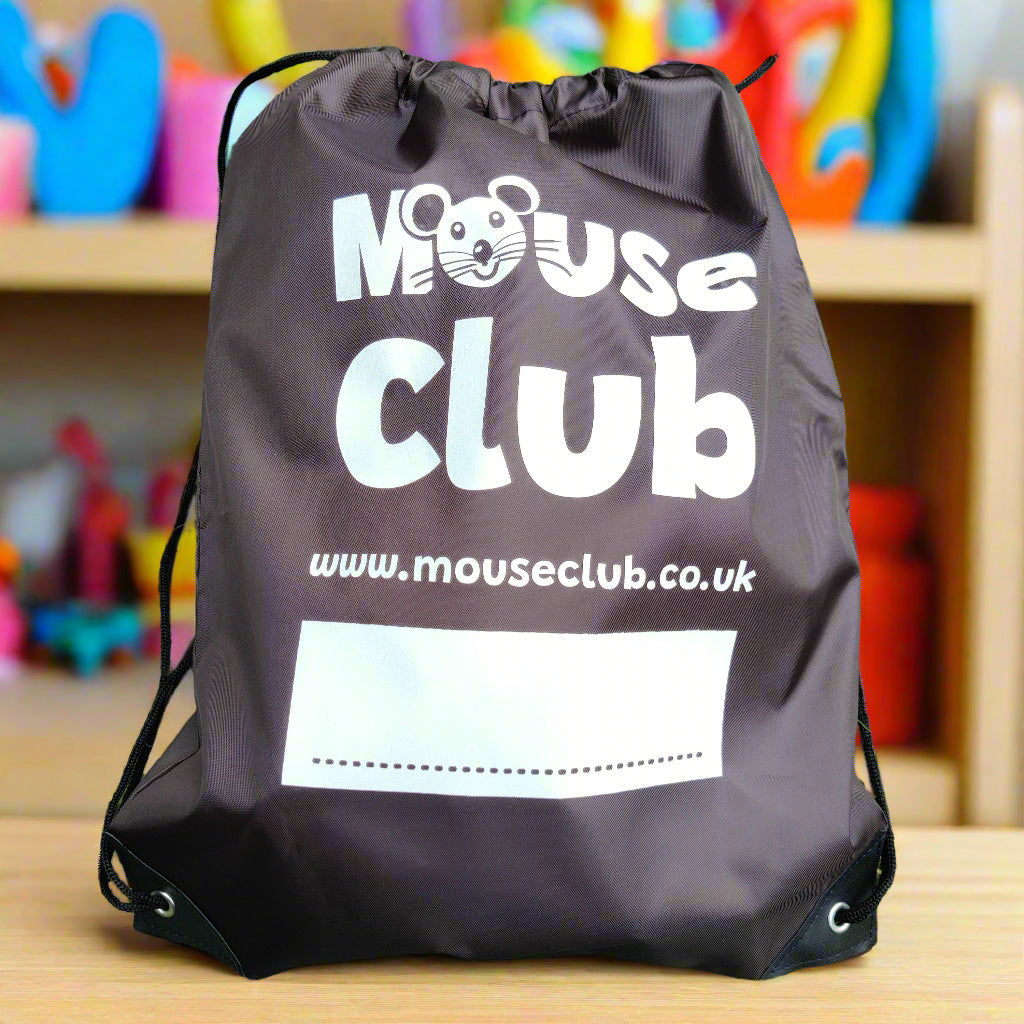 A brown waterproof drawstring backpack has white lettering that reads "Mouse Club. www.mouseclub.co.uk"