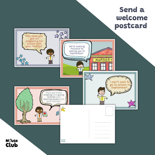 Five different postcard designs with encouraging messages. Text reads "Send a welcome postcard"