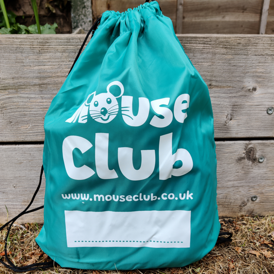 A teal coloured practical drawstring bag. White writing reads "Mouse Club. www.mouseclub.co.uk"