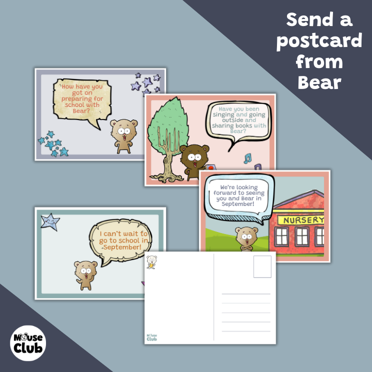 Five different postcard designs of a cartoon teddy bear with encouraging messages. Text reads "Send a postcard from Bear"