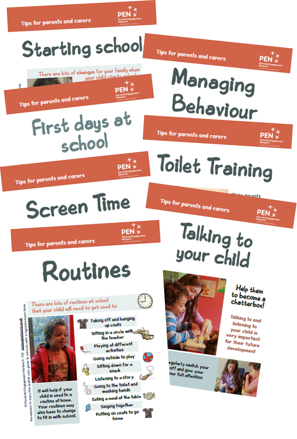 A comprehensive project pack designed for schools and nurseries to foster learning partnerships with parents and prepare children and families for school. Resources are provided as PDF's aswell as a printed 98 page book in a practical wiro-bound design. This image shows some of the parent leaflets: Starting School; Managing Behaviour; First Days at School; Toilet Training; Screen Time; Talking to Your Child; Routines.