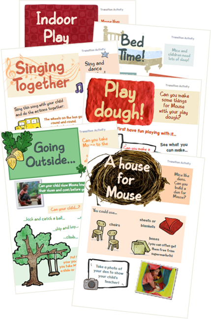 A comprehensive project pack designed for schools and nurseries to foster learning partnerships with parents and prepare children and families for school. Resources are provided as PDF's aswell as a printed 98 page book in a practical wiro-bound design. This image shows some of the activity sheets contained within the pack: Indoor play; Bed Time; Singing Together; Play Dough; Going Outside; A House for Mouse.