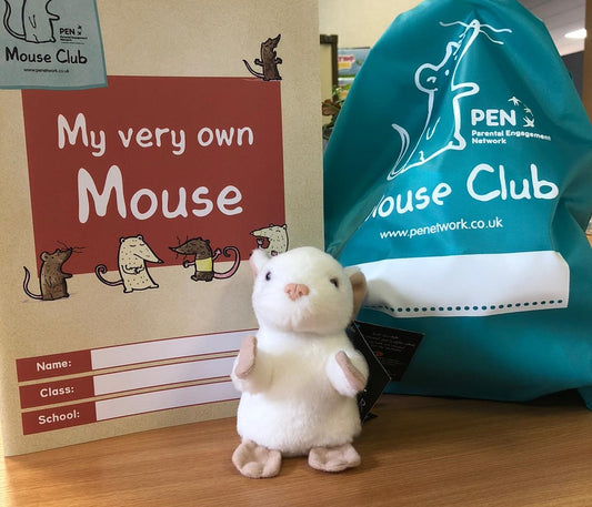 Image showcasing Mouse Club for Schools' early years resources. From left to right: a colourful scrapbook filled with engaging activities, a cute toy mouse, and a vibrant, practical backpack. These resources are designed to help schools prepare children for school, fostering their learning and development. Join Mouse Club for schools and embark on an exciting educational journey!