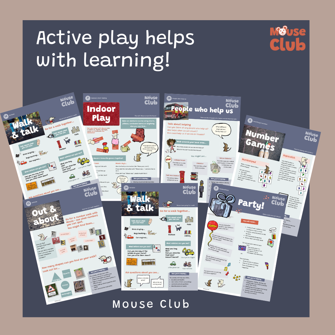 A title reads Active Play helps with Learning! under this are images of activity sheets entitled: Walk & Talk; Indoor Play; People Who Help Us; Number Games; Out & About; Walk & Talk; Party!