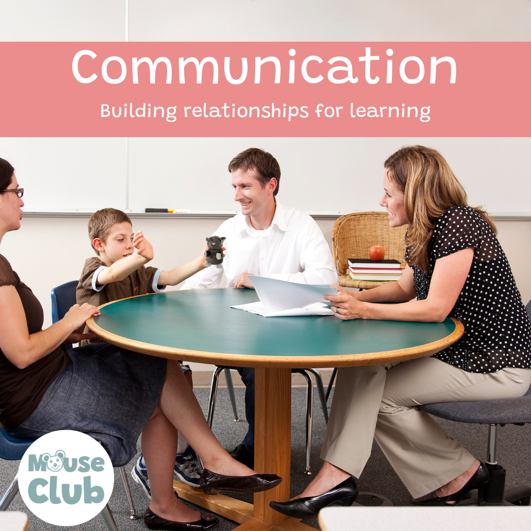 A teacher, parents and small child sit around a table chatting and looking at paperwork. Above, is the title: Communication: Buidling Relationships for Learning.