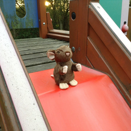 A cute toy mouse is waiting for his turn on the slide. 