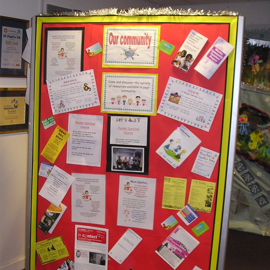 A parent noticeboard in a school reception area
