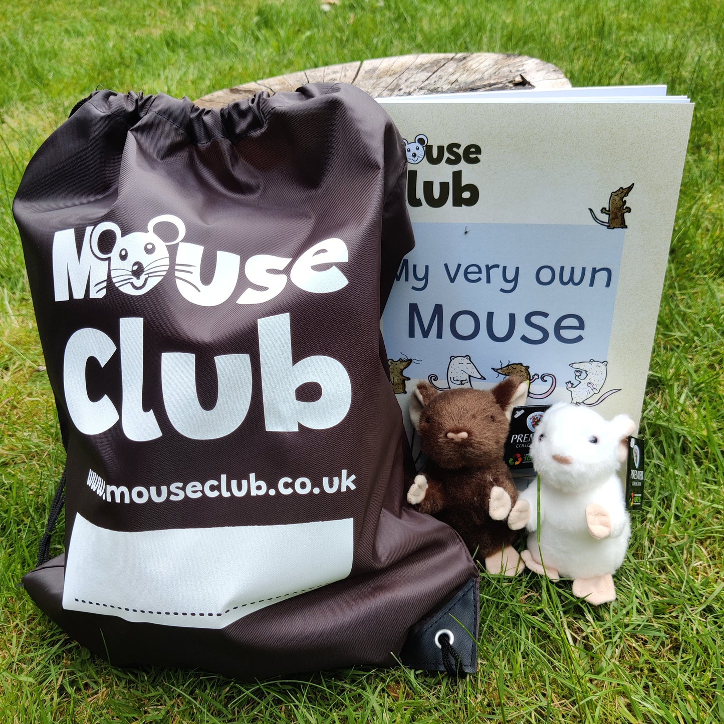 A practical brown Mouse Club bag, toy mice and My Very Own Mouse workbook.